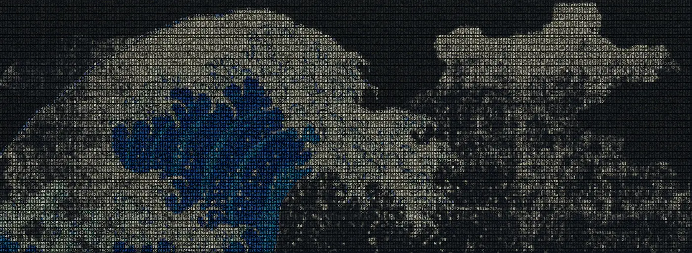 Hokusai's Great Wave off Kanagawa, rebuilt out of hexadecimal digits. Each cell of the print is a pair of hex characters tinted the colour of the pigment underneath it, so the wave and Mount Fuji resolve out of a field of bytes on a near-black ground.